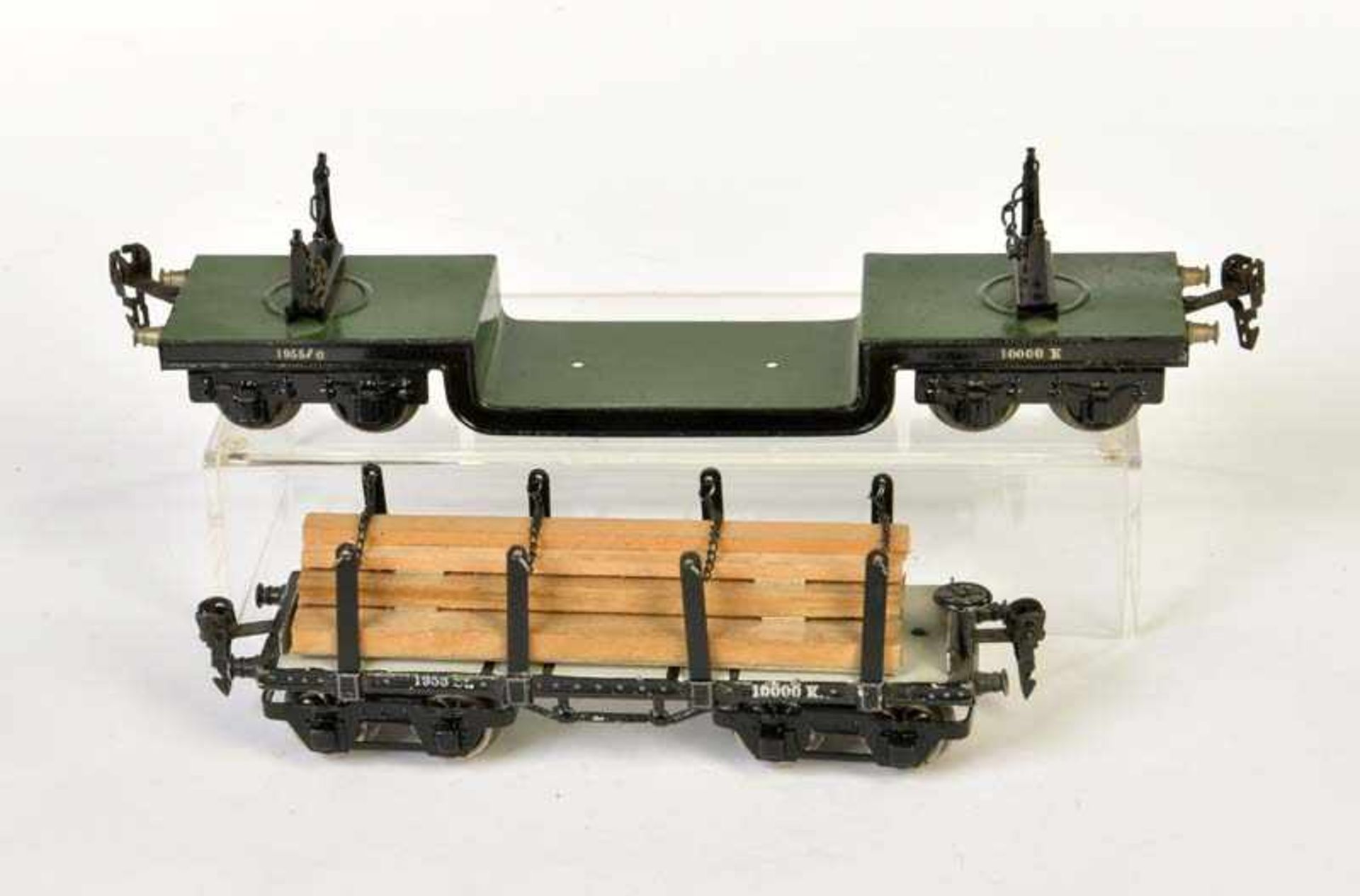 Märklin, Logs Wagon + Low Loader 1955, Germany pw, gauge 0, min. paint d. Märklin,