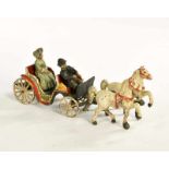 Cast Iron Carriage, paint d. due to age, without reins, figures removable, wheels + drawbar
