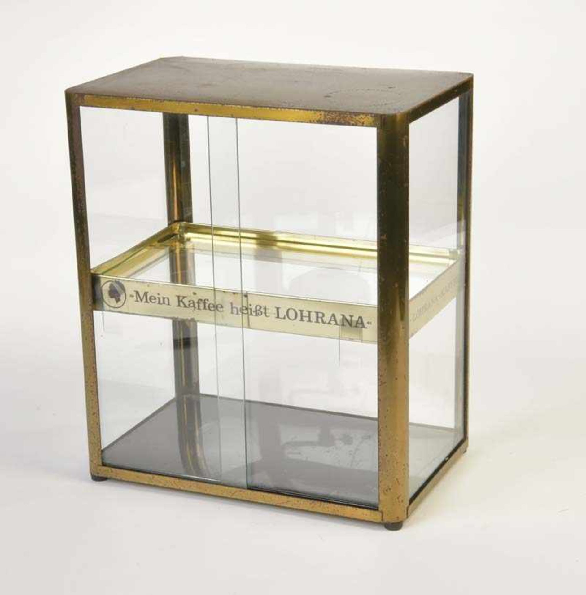 Glass Cabinet "Lohrana Kaffee", tin, paint d. on frame, slide mechanism, C 2Glasvitrine "Lohrana