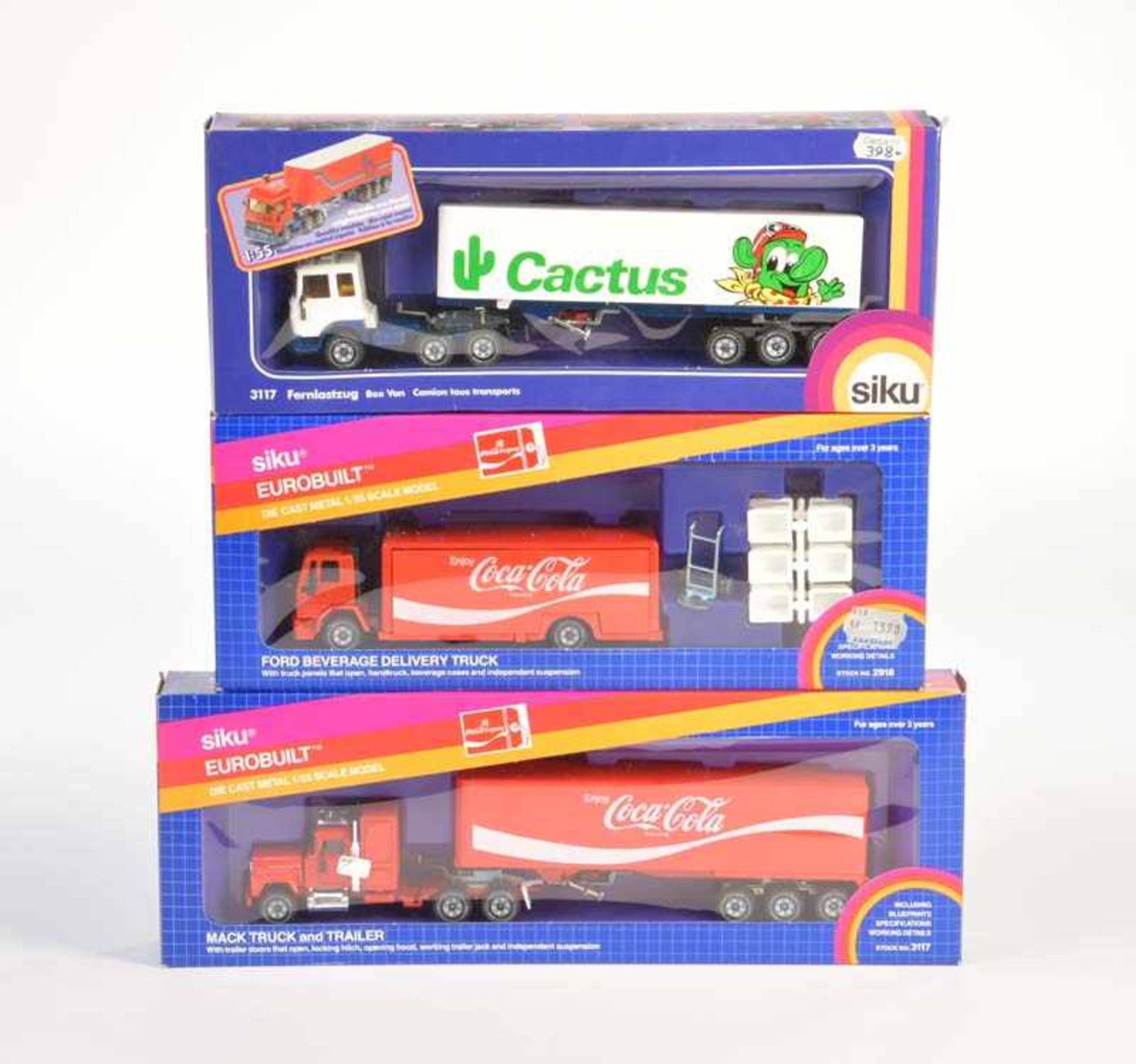 Siku, 3x Advertising Truck LKW Coca Cola + Cactus, W.-Germany, 1:55. box C 1, C 1Siku, 3x Werbe