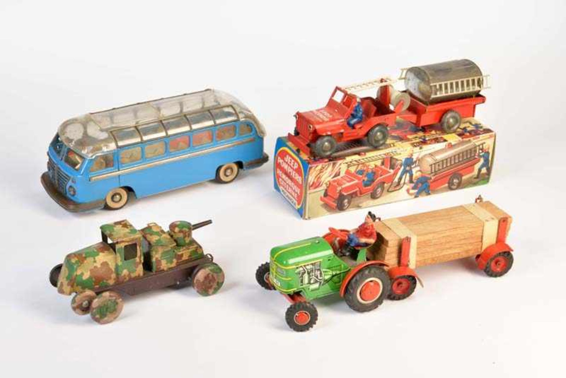 Tippco a.o., Bundle Tractor, Military Vehicles, Bus + Fire Engine, W.-Germany a.o., tin, min.