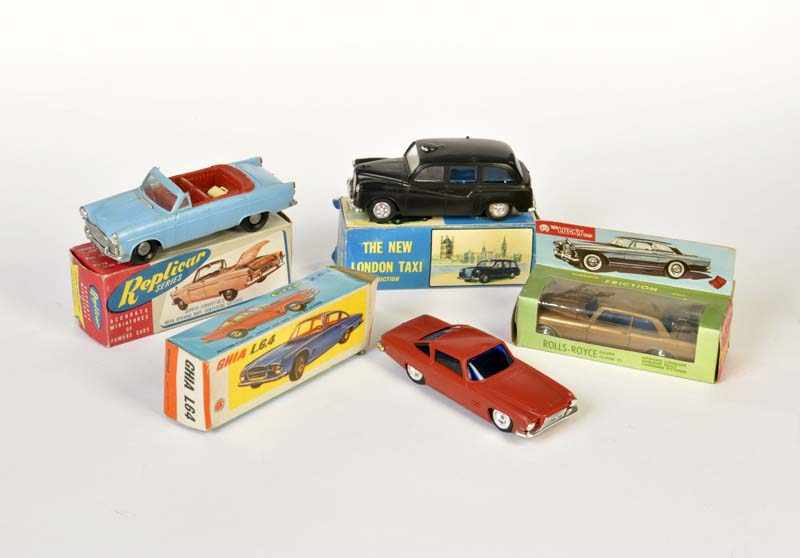 4 Cars, Hong Kong u.a., plastic, drive ok, original box, C 1-24 Autos, Hong Kong u.a., 13-15 cm,