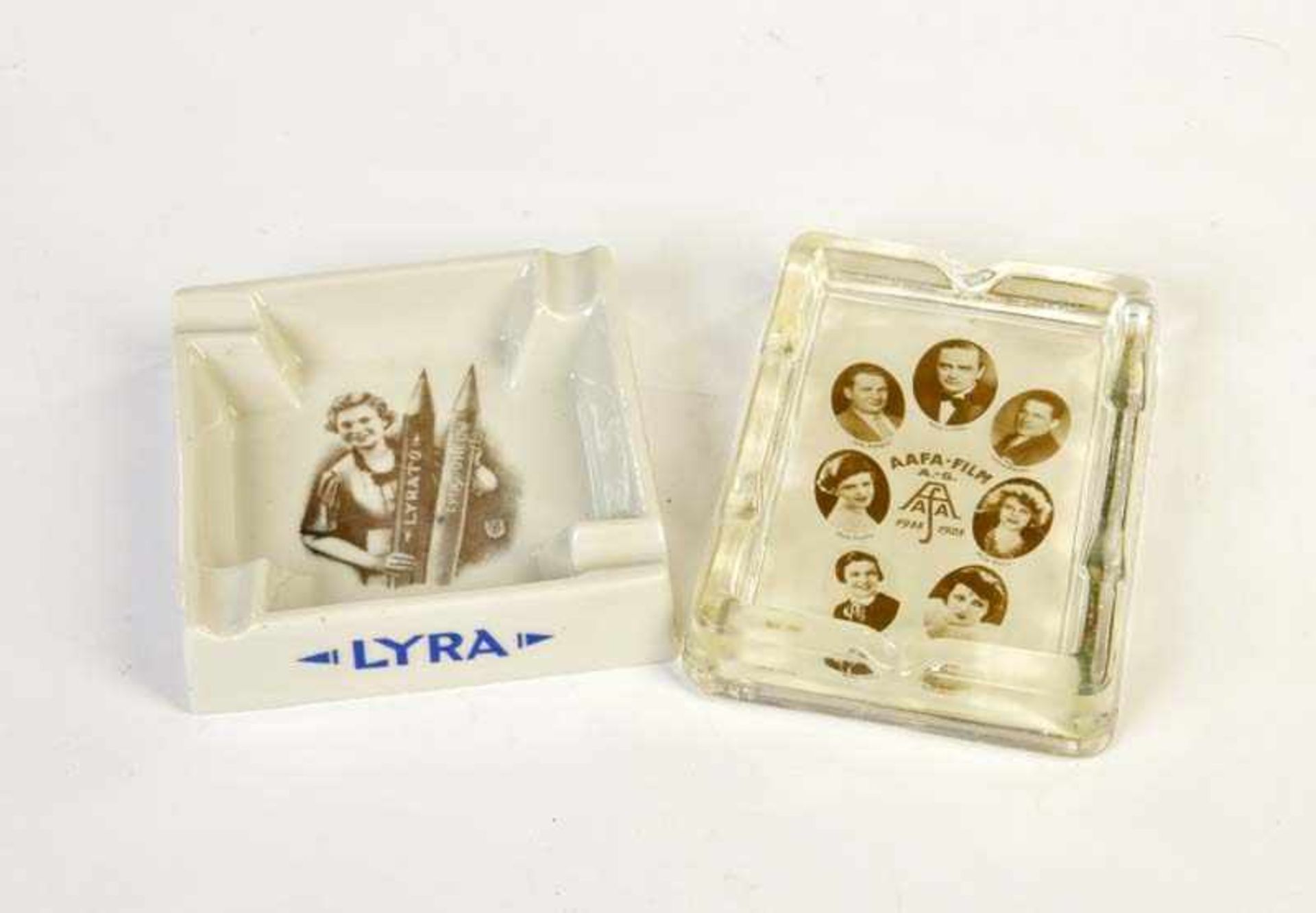 2 Ash Trays AAFA Film + Lyra, Germany pw, C 12 Aschenbecher AAFA Film + Lyra, Germany VK, 12-14