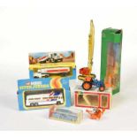 Corgi, Gama a.o., 5 Kits with Model Cars (Crane, Tank Truck a.o.), 1:53, diecast, mixed condition,