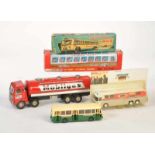 4 Busses + Tank Truck, tin + plastic, mostly very good condition4 Busse + Tankwagen, 22-38 cm, Blech