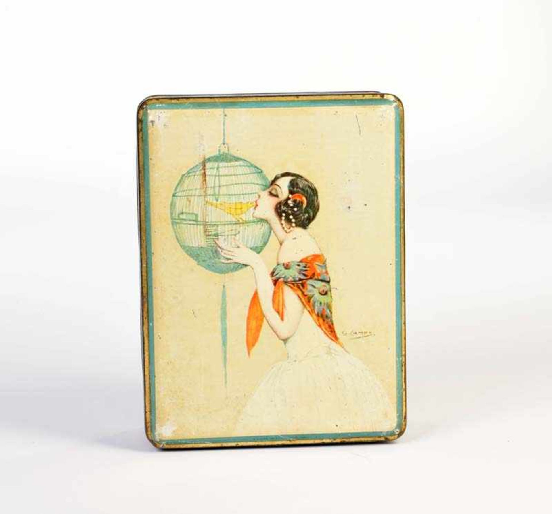 Tin Can Art Deco Lady with Bird, min. paint d., C 2Blechdose Art Deco Dame mit Vogel, 18,5x24,5x8