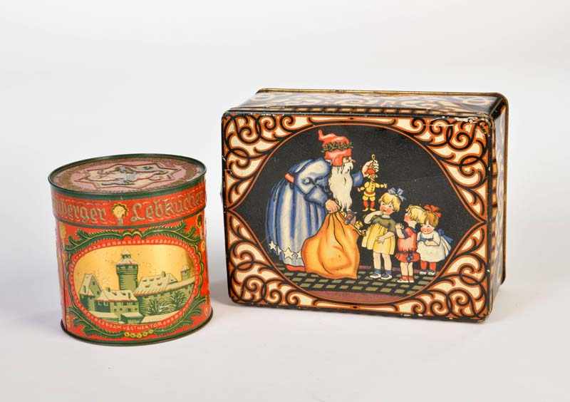 2 Tin Cans Children with St. Nicholas + "Haeberlein Lebkuchen", min. paint d., C 1-22 Blechdosen