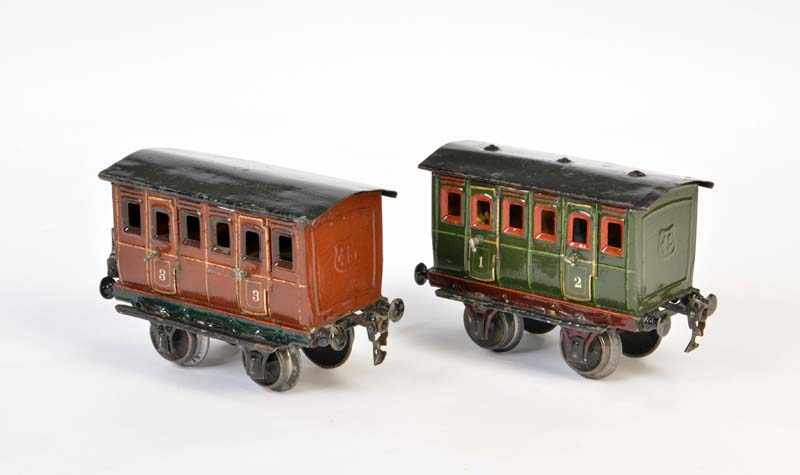 Märklin, 2 Wagons, Germany pw, gauge 1, tin, min. paint d.Märklin, 2 Waggons, Germany VK, Spur 1,