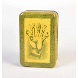 Tin Can, Hand with Animals, min. paint d., "Fine Metal Boxes-April 1879", C 1-2Blechdose, Hand mit