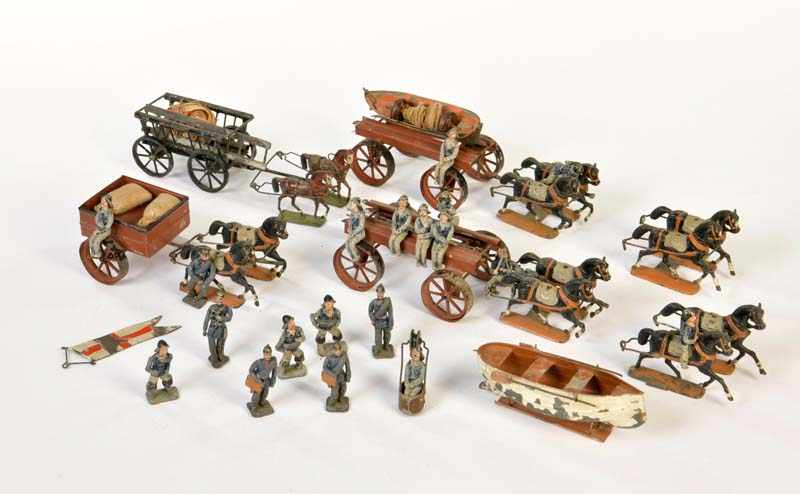 Heyde "Sea Rescue" several figures, 2 rescue boats on carts + accessories, out of pewter, paint d.