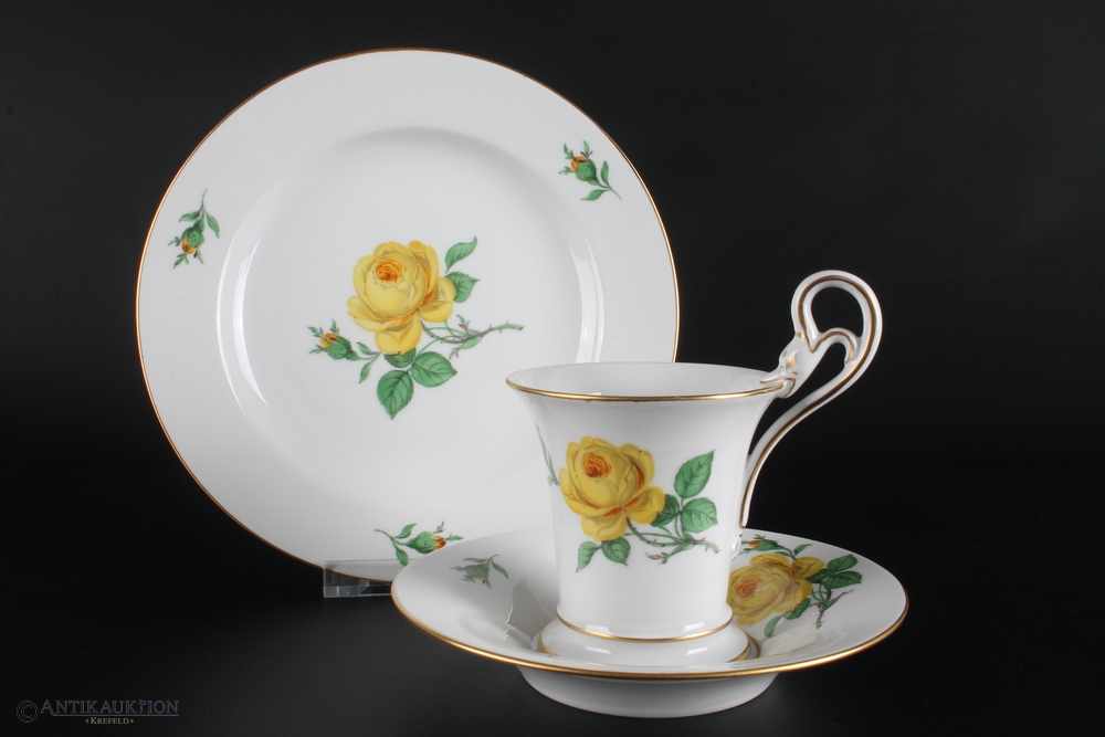 Meissen Kaffeegedeck,Porzellan, Schwanenhals Henkeltasse mit Untertasse D 14 cm und Kuchenteller D