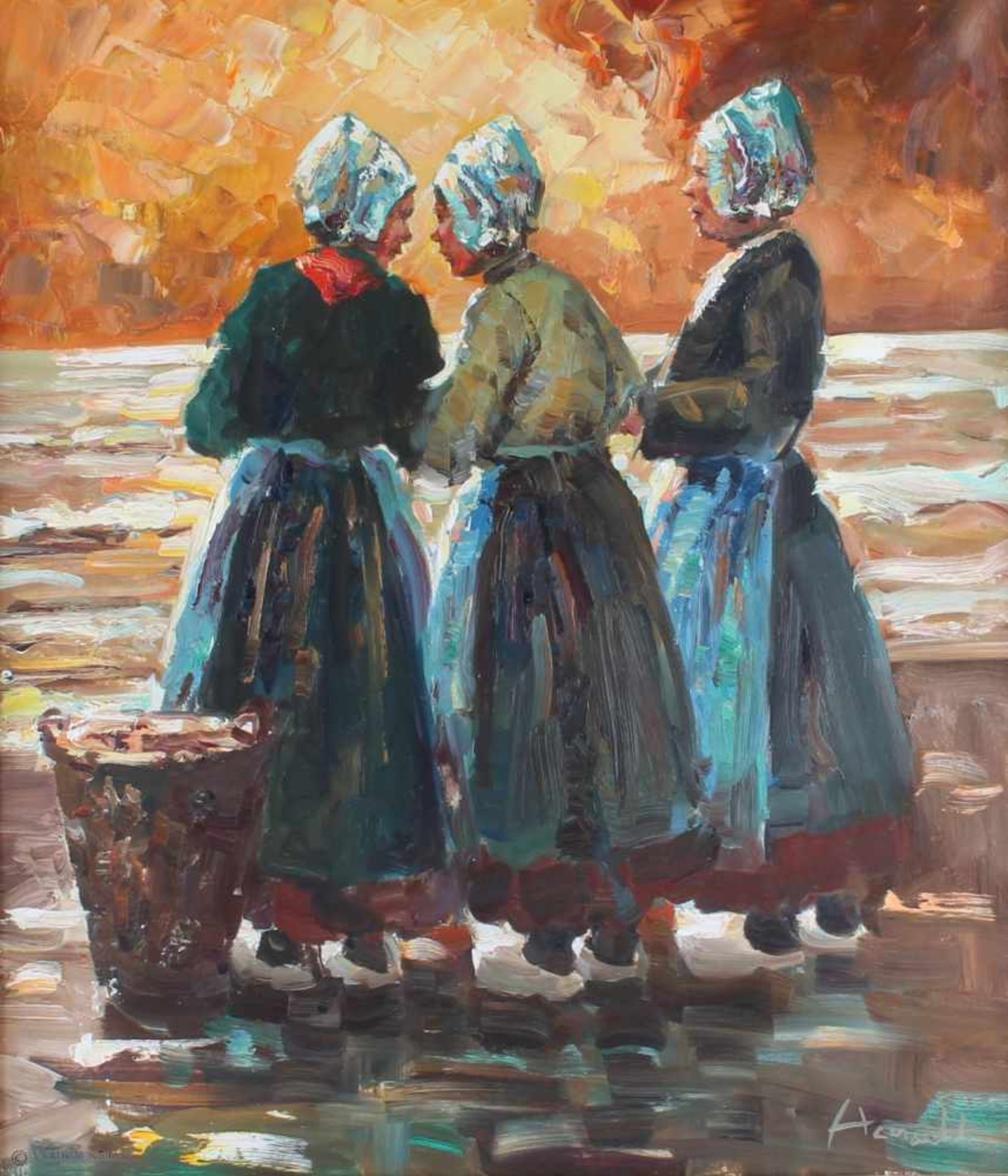 Großes Gemälde mit drei wartenden Frauen am Strand, signiert, Öl/Leinwand, u. rechts unleserlich