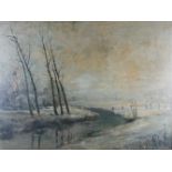 Unbekannter Maler, Winterlandschaft am Niederrhein,Öl/Malplatte, signiert wohl Springman H 60 cm x B