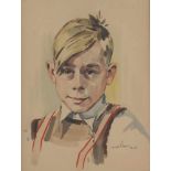 Aquarell von 1946 Portrait eines blonden Bubens, handsigniert & datiert,Portraitmalerei, Aquarell