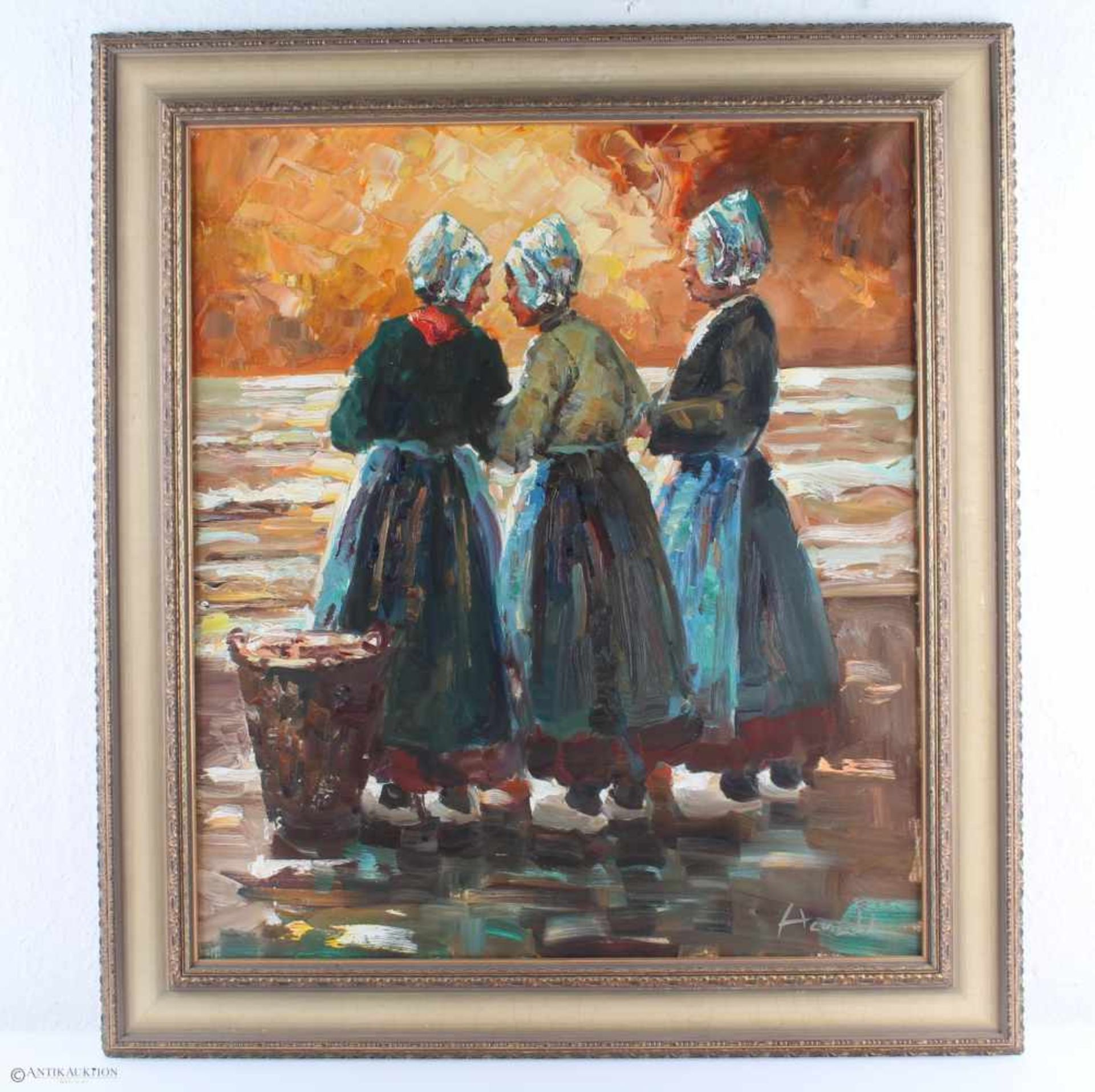 Großes Gemälde mit drei wartenden Frauen am Strand, signiert, Öl/Leinwand, u. rechts unleserlich - Bild 2 aus 4