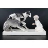 Friedrich Goldscheider Jugendstil Keramik Mädchen mit Windhunden,Keramikskulptur glasiert, Entwurf