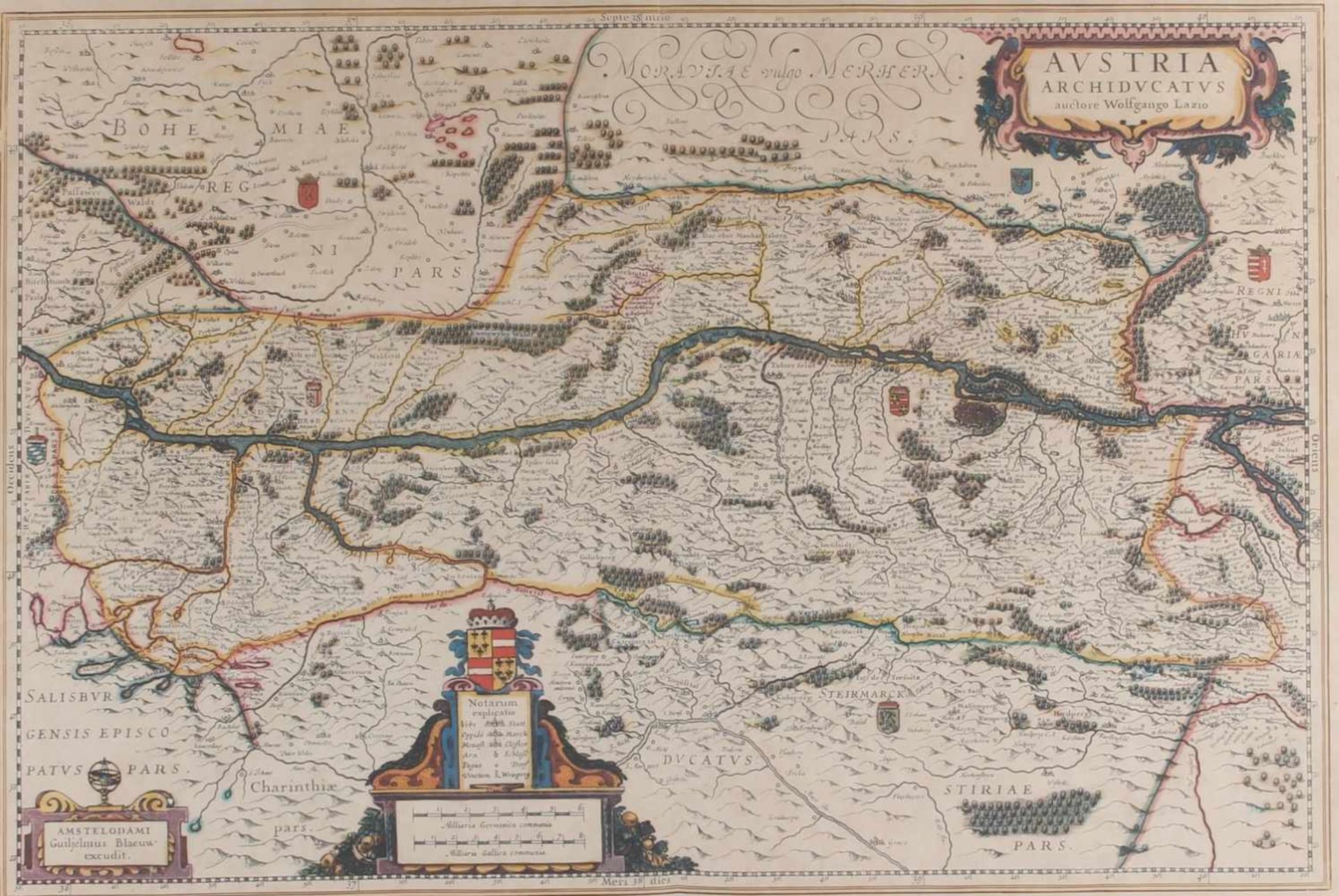 Kupferstich 17. Jahrhundert - Wolfgang LAZIUS (1514-1565) Landkarte Österreich, altkoloriert,