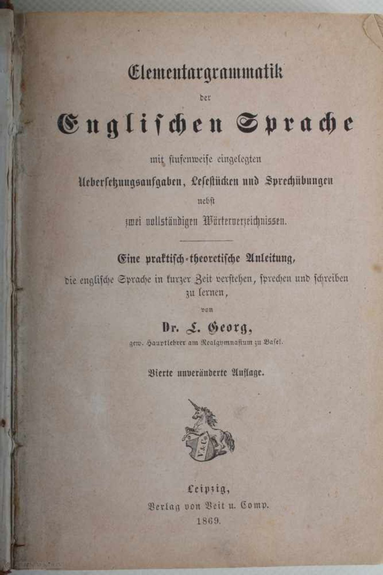 1869 Leipzig, Veit et Comp., Elementargrammatik Der Englischen Sprache: Mit Stufenweise