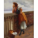 Träumende junge Frau an der Promenade, Maler des 20. Jahrhunderts, Öl/Leinwand, Gemälde 20.