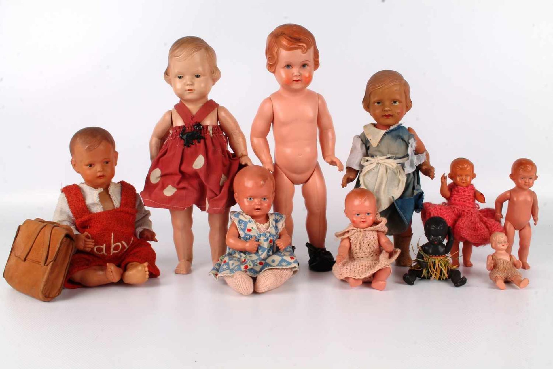 Sammlung 10 Puppen, u.a Schildkröt, Bruno Schmidt, teils antik,Celluloid-Puppen, Höhe 30 cm und