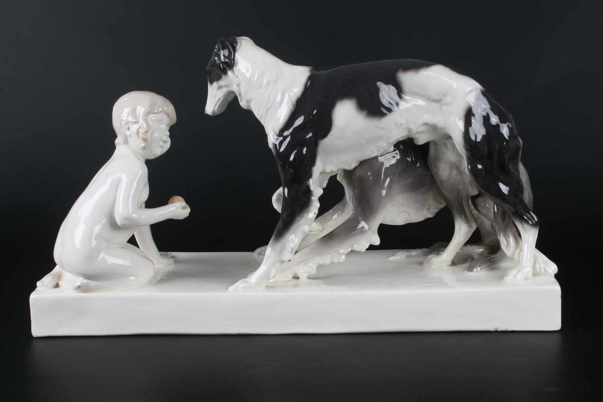 Friedrich Goldscheider Jugendstil Keramik Mädchen mit Windhunden,Keramikskulptur glasiert, Entwurf - Bild 2 aus 4