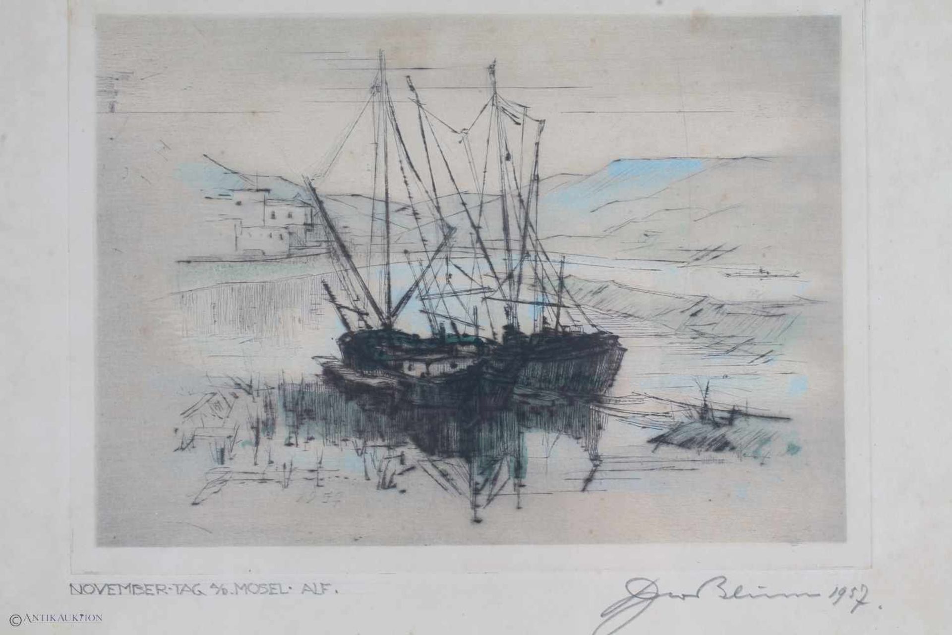 Theo BLUM (1883-1968) Radierung Schiff auf der Mosel im November 1957, Radierung auf Papier, u. - Bild 3 aus 4
