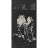 Holzschnitt um 1900, China Lingyin zwei lachende Personen im Gespräch, großes Holzschnitt auf Papier