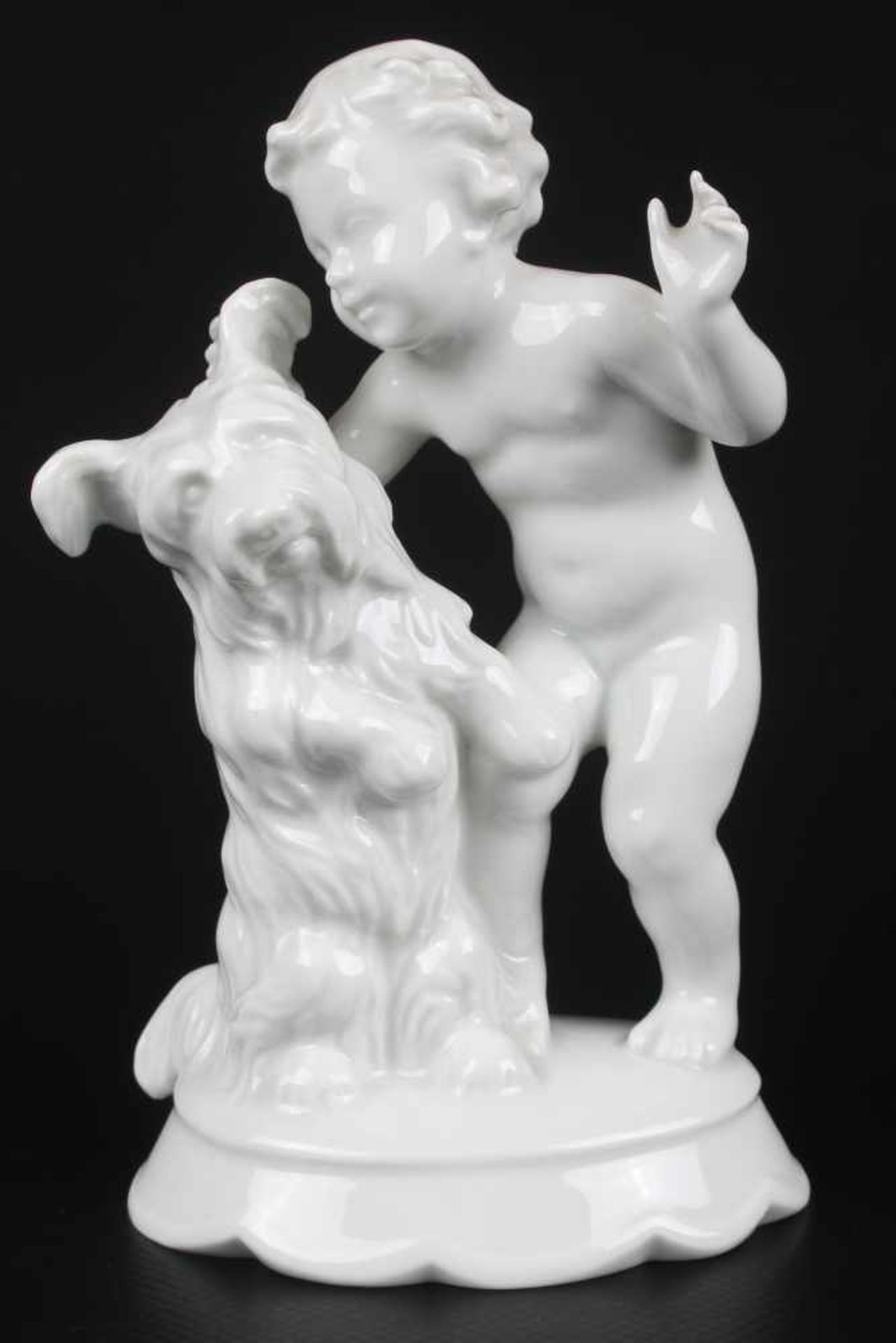 Rosenthal Art Deco Figur Putte mit Terrier, Porzellanskulptur, Entwurf von Hermann FRITZ (1873-