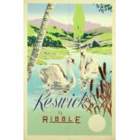 Travel Poster Keswick Lake District Swans Ribble
