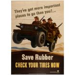 Propaganda Poster WWII US War Save Rubber Jeep Willys MB Tires