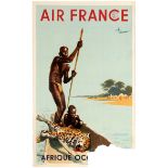 Travel Poster Air France Airline West Africa Leopard Canoe Albert Brenet