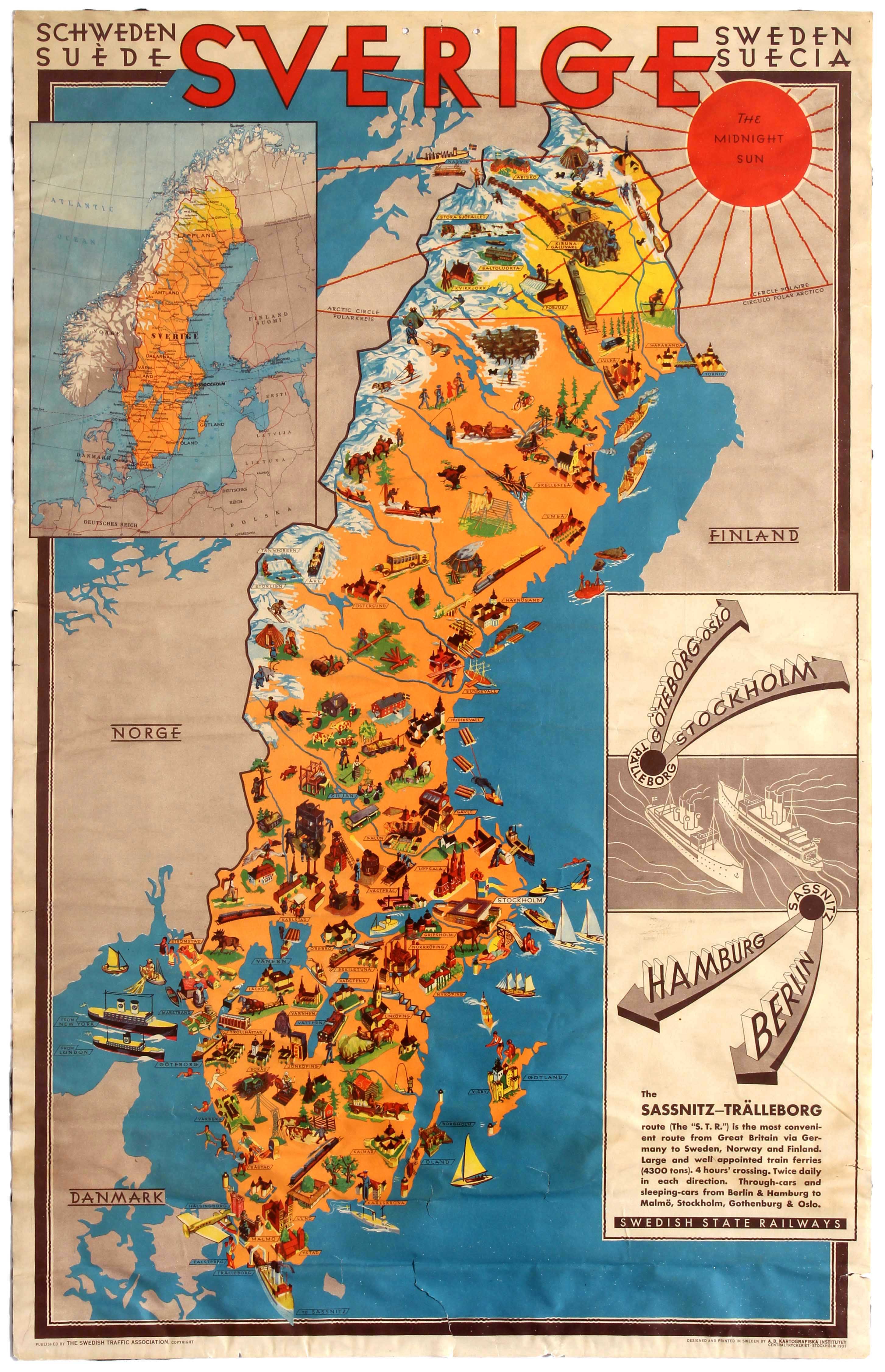 Travel Sverige Sweden Pictorial Map Art Deco Trains Ships Skiing