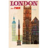 Travel Poster London TWA Airline David Klein Big Ben Westminster Abbey