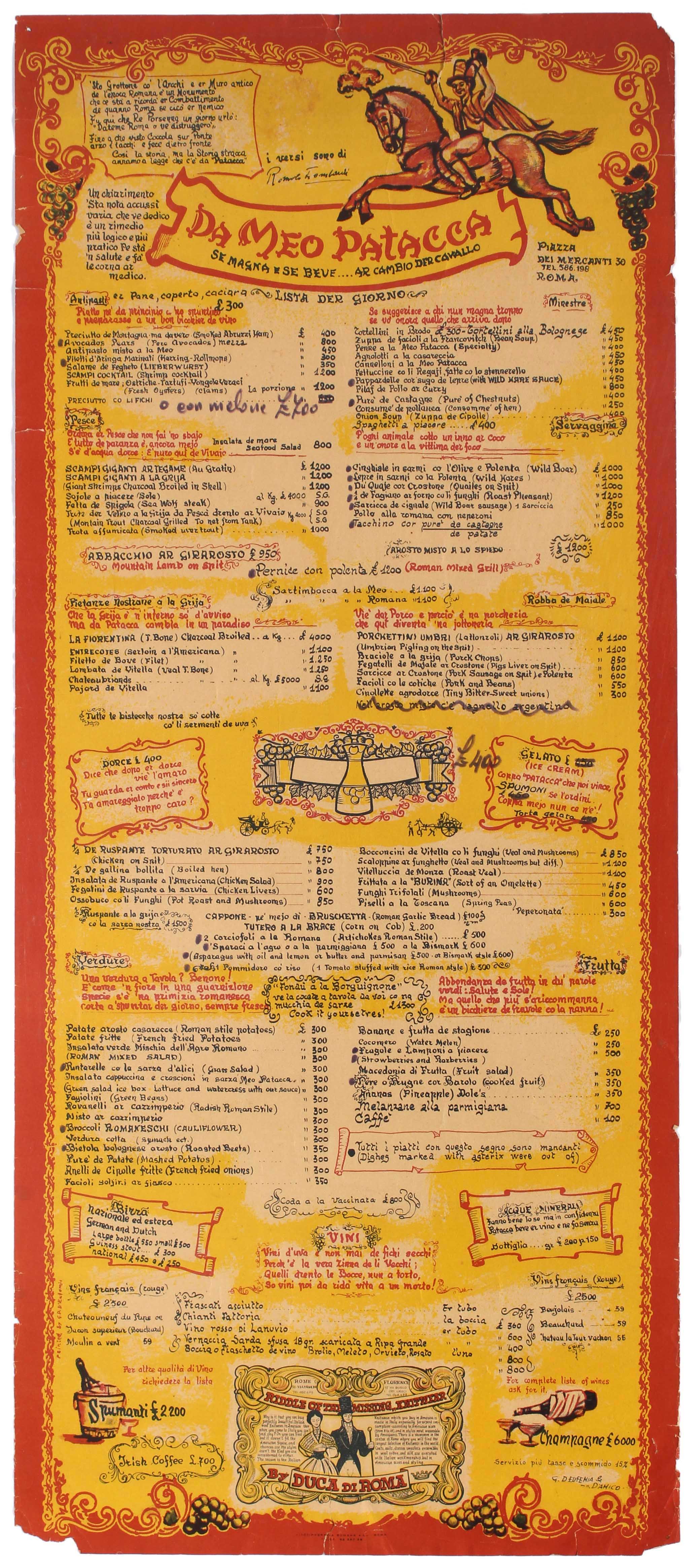 Advertising Poster Da Meo Patacca Rome Italian Restaurant Menu