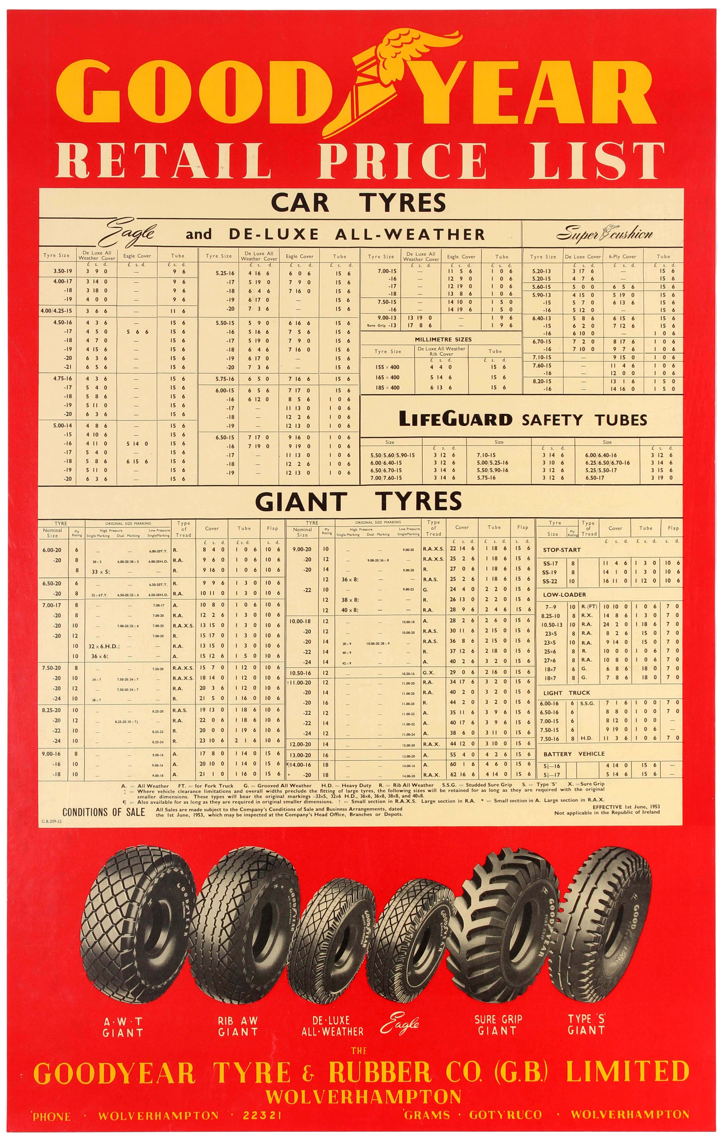 Advertising Poster Goodyear Tyres Price List Truck Car