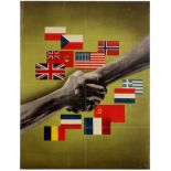 War Poster USA WWII Allies Vistory Flags Handshake