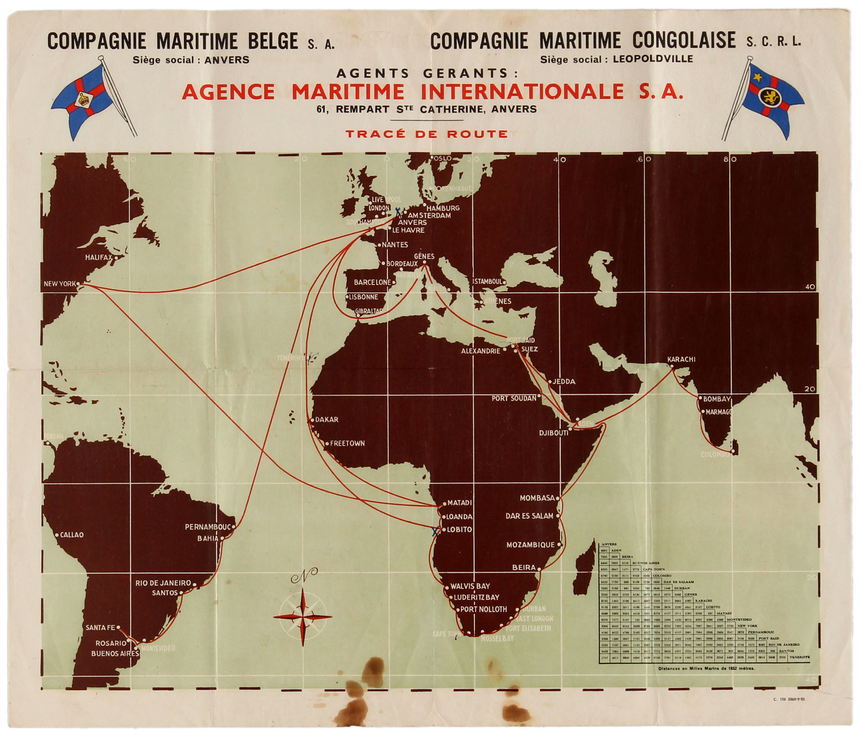 Travel Poster Compagnie Maritime Belge Congolaise Route Map Shipping