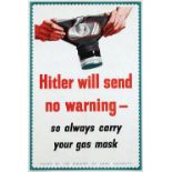 War Poster Hitler Will Send No Warning WWII Gas Mask