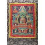 Thangka. Goldhäutiger Buddha mit grünem Nimbus auf Lotusblüte mit Dhyana Mudra-Geste, im Schoß ein