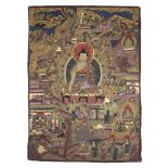 Thangka Buddha Shakyamuni Vielfigüriges Thangka mit mittig Darstellung des Budda auf Lotosthron.