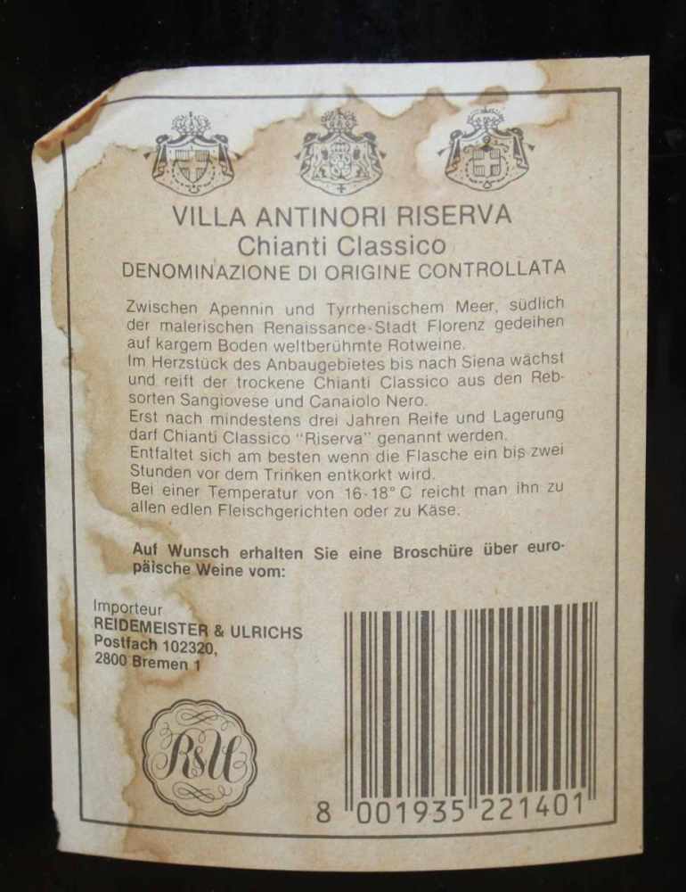 Villa Antinori Magnum.5 Liter Magn. Flasche aus ehemaliger Weinhandlung. Guter Füllstand. Villa - Image 3 of 3