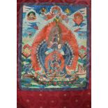 Thangka.Vielarmiger Mahakala, ein Dharmapala (Beschützer der Lehre Buddhas), umgeben von roten