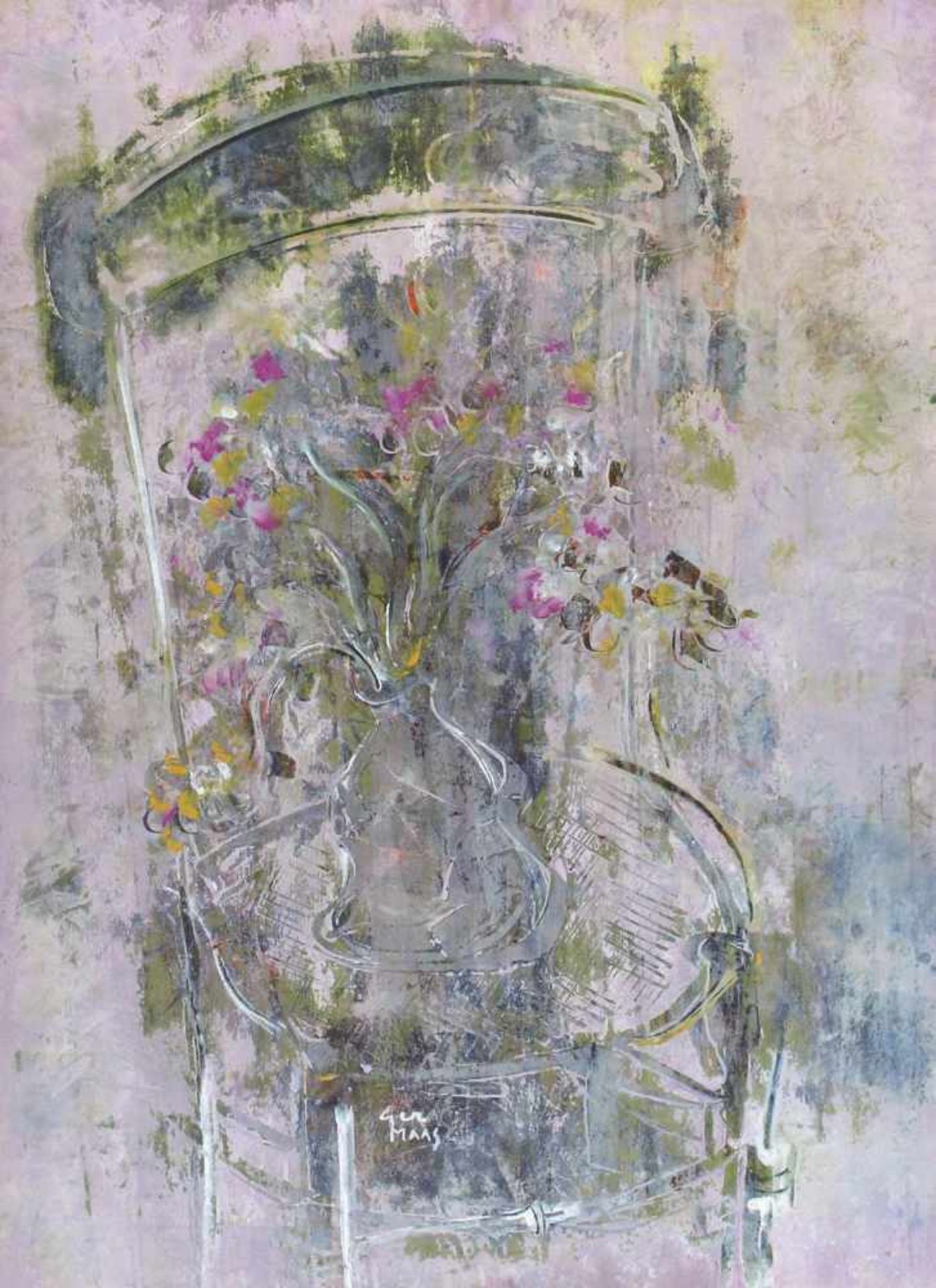 Maas, Ger(1931 Wolz, Luxemburg). Blumen in Vase auf Stuhl. Gouache um 1973. Ca. 71,5 x 54,2 cm.