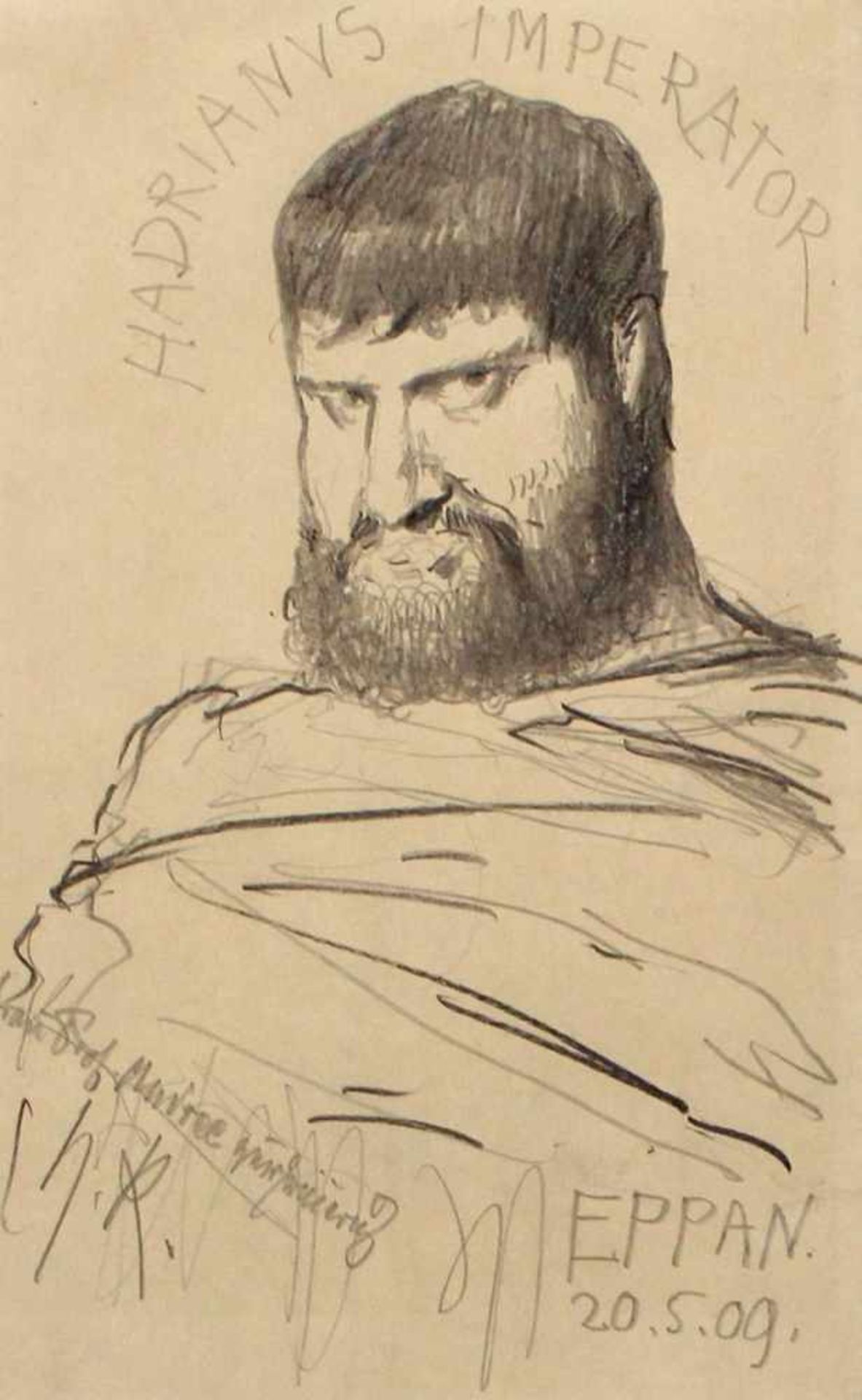 Kaulbach, Hermann(1846 München 1909). 'Hadrianus Imperator'. Bleistiftzeichnung auf einer Menükarte,