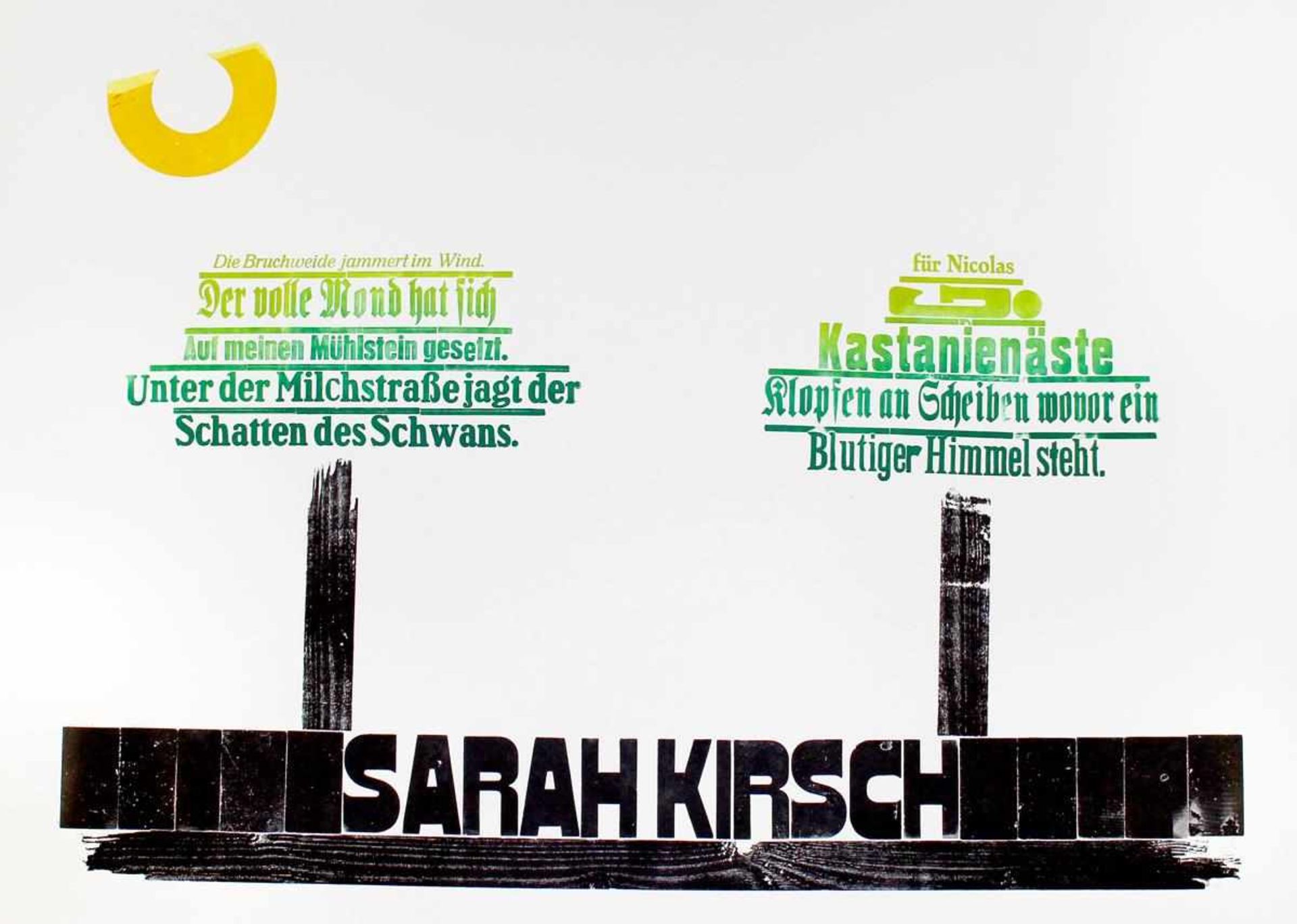 Rixdorfer Drucke.'Sarah Kirsch'/'Seneca & Buch'. 2 Farbholzschnitte mit Prägedruck u. Textauszügen