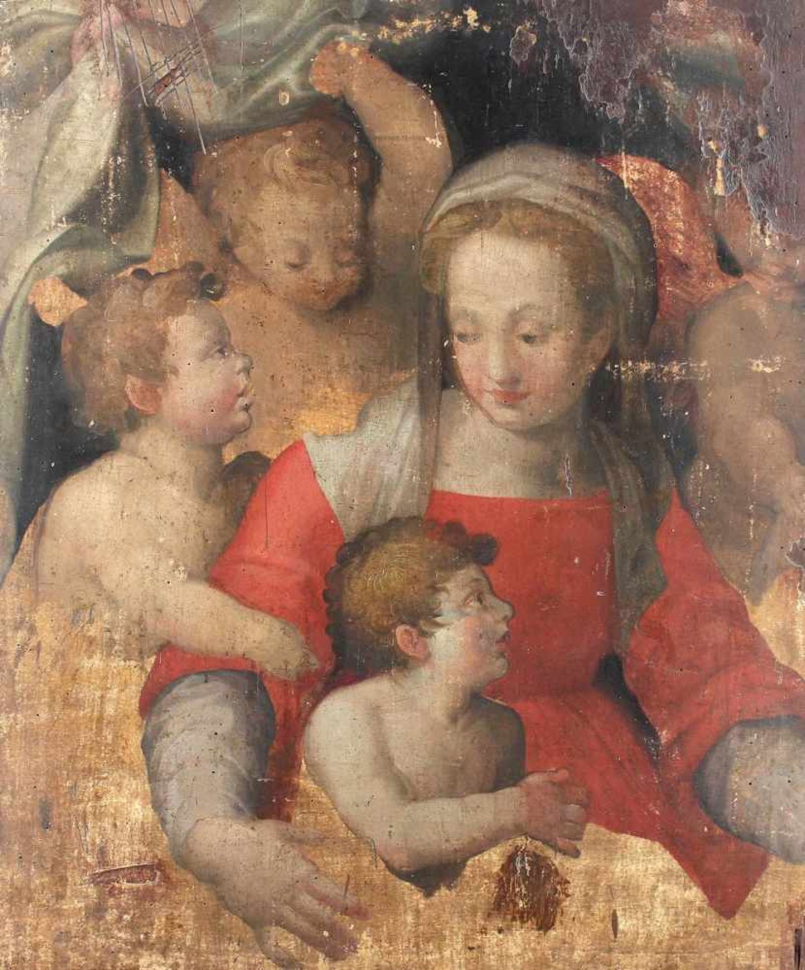 Italienischer Meister.(16./17.Jh.). 'Maria mit dem Kinde und Engeln. In ein rothes Gewand gekleidet,