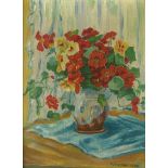 Becker, W.(19./20. Jh.). Kapuzinerkresse in Vase. Öl auf Malkarton 1936. 27,5 x 20,5 cm. Gerahmt.- -