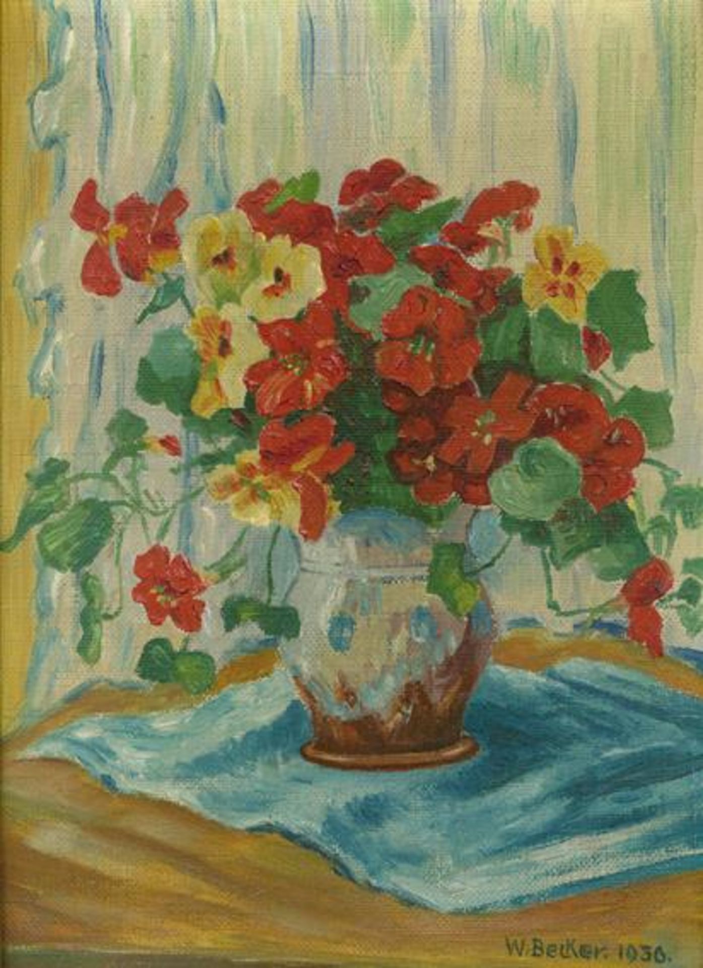 Becker, W.(19./20. Jh.). Kapuzinerkresse in Vase. Öl auf Malkarton 1936. 27,5 x 20,5 cm. Gerahmt.- -