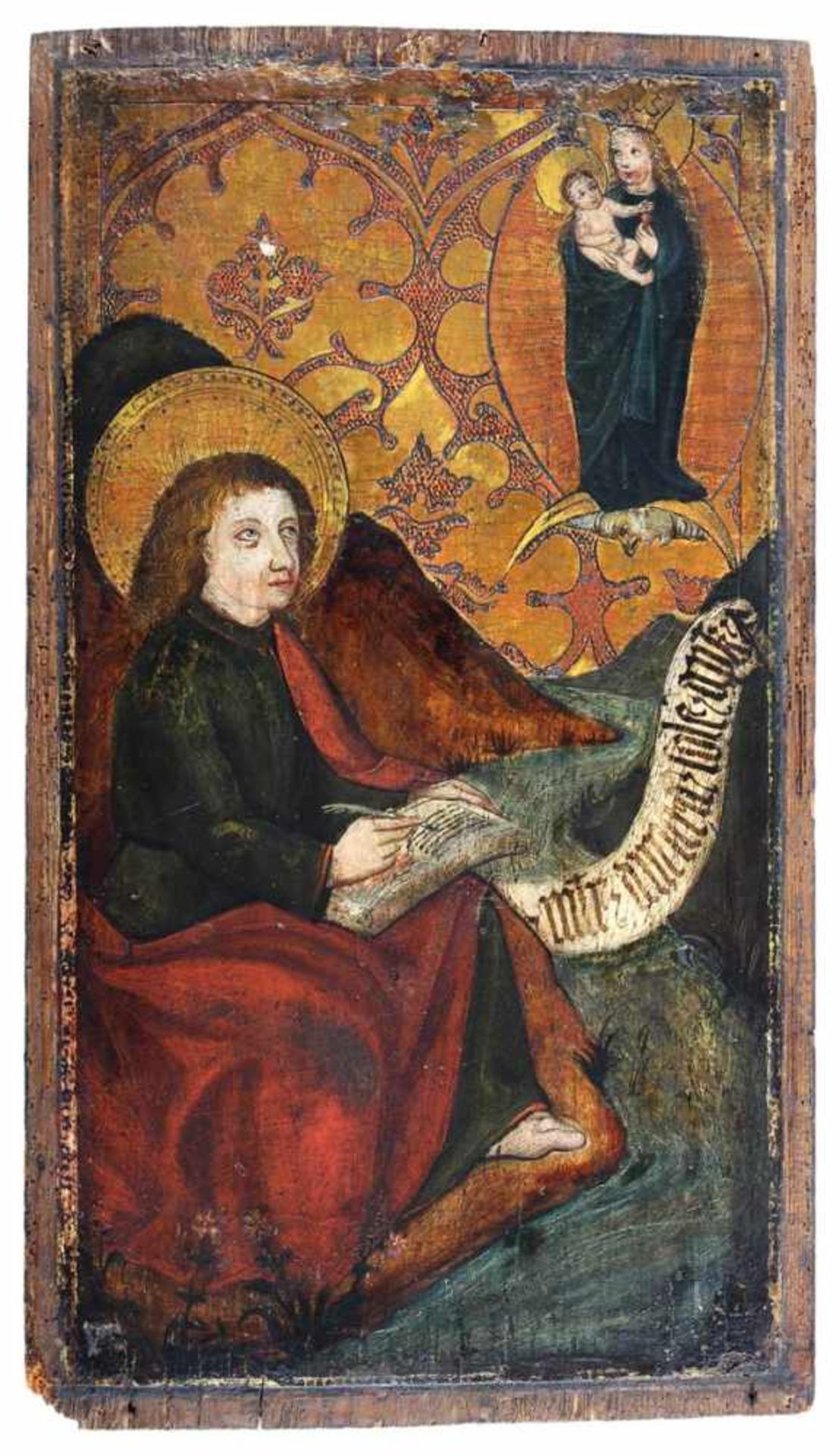 Hl. Johannes auf Patmos.Tempera über Kreidegrund auf Lwd., auf Holzplatte aufkaschiert.