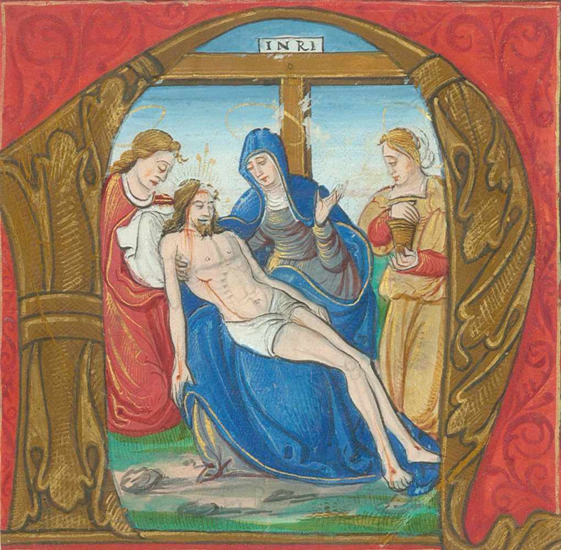 Schmuckinitiale Nmit Darstellung der Pieta. Gouache auf Pergament in Farben und Gold, um 1500.